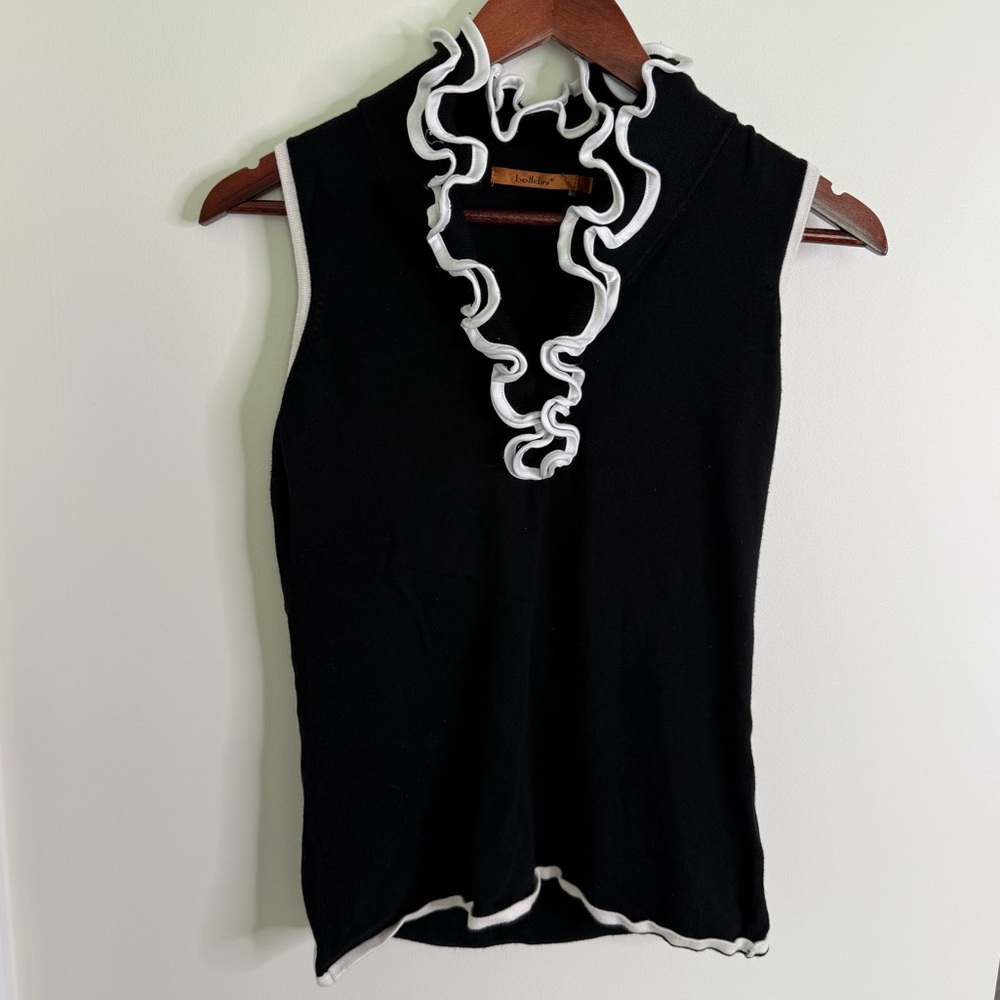 Belldini Sleeveless Black Ruffle-Trim Top with White Contrast